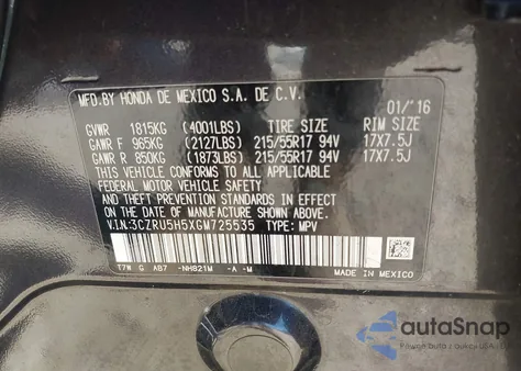 2016 Honda Hr-V Ex z USA, uszkodzony, nr VIN 3CZRU5H5XGM725535